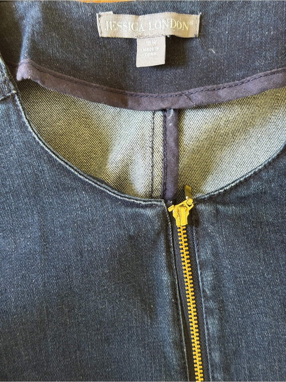 Jessica London. Denim Zip-Front Long Jacket in Dark Blue with gold detail. 18W - Picture 4 of 5